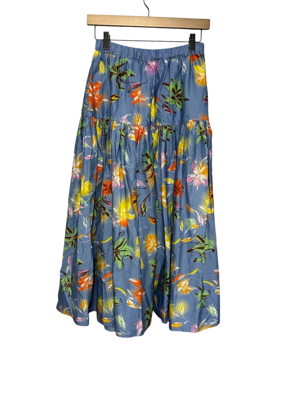 Tanya Taylor Blue Floral Tiered Maxi Skirt with Multicolor Blooms